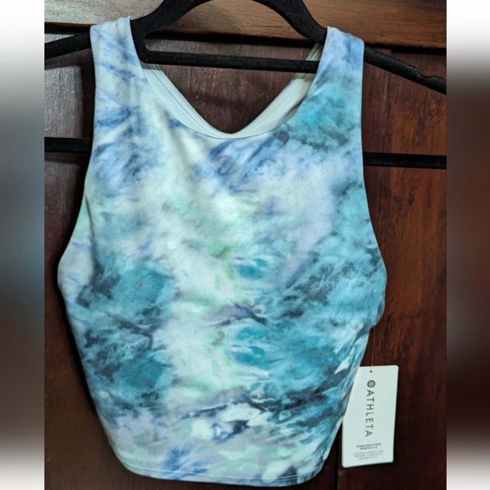 NWT Athleta Conscious Crop Bra Small A-C Top Solarize Chrome Blue Green Tie Dye